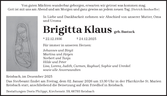 Traueranzeige von Brigitta Klaus von saarbruecker_zeitung
