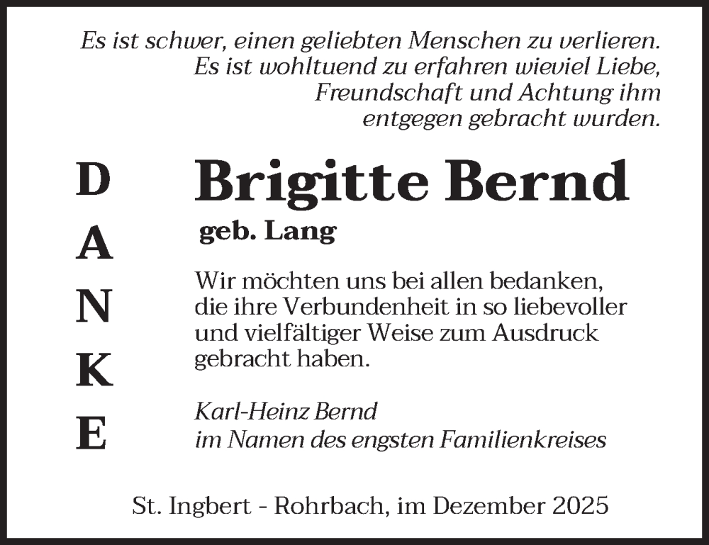  Traueranzeige für Brigitte Bernd vom 20.12.2025 aus saarbruecker_zeitung