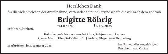 Traueranzeige von Brigitte Röhrig von saarbruecker_zeitung