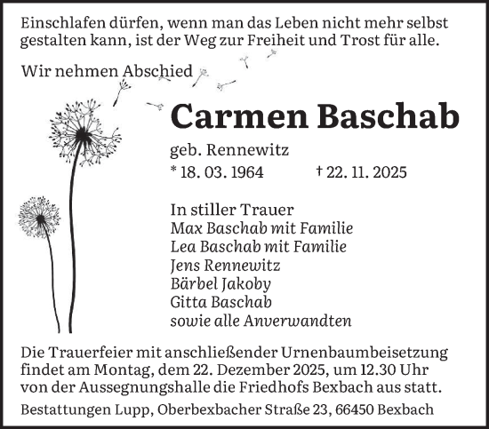 Traueranzeige von Carmen Baschab von saarbruecker_zeitung