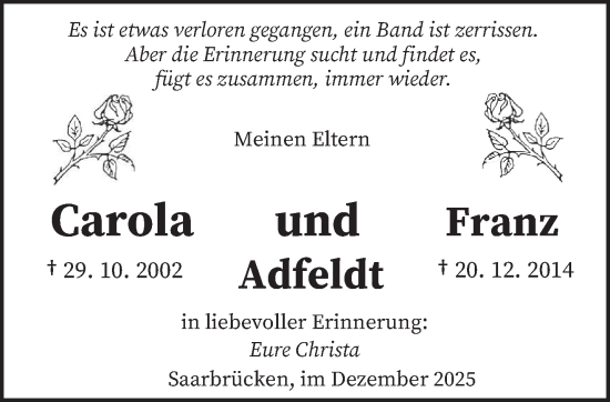 Traueranzeige von Carola und Franz Adfeldt von saarbruecker_zeitung