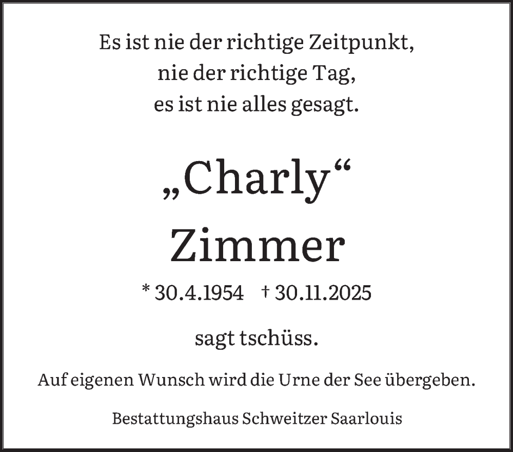  Traueranzeige für Charly Zimmer vom 13.12.2025 aus saarbruecker_zeitung