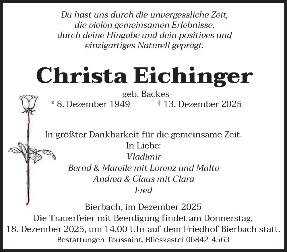  Traueranzeige für Christa Eichinger vom 16.12.2025 aus saarbruecker_zeitung