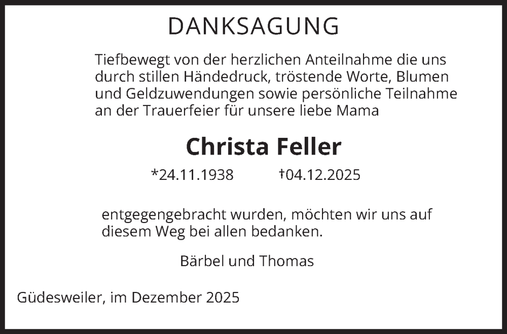  Traueranzeige für Christa Feller vom 27.12.2025 aus saarbruecker_zeitung