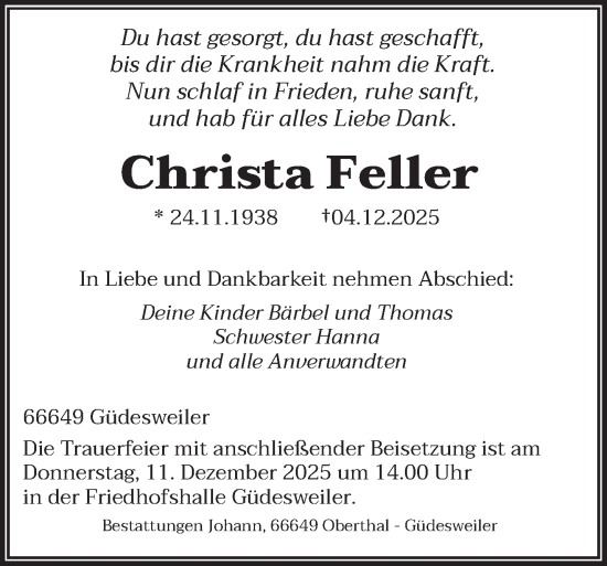 Traueranzeige von Christa Feller von saarbruecker_zeitung