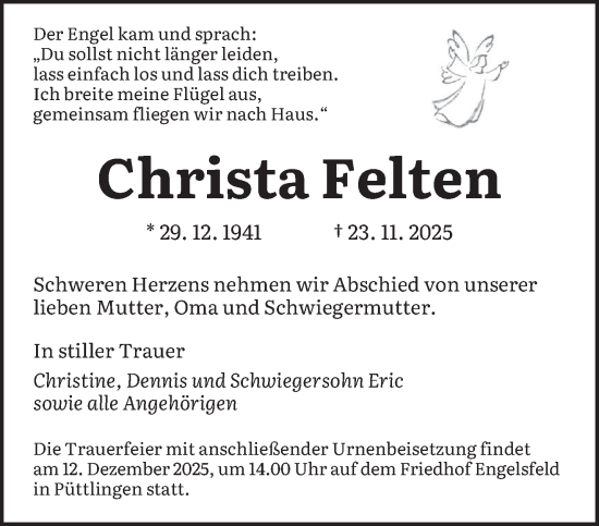 Traueranzeige von Christa Felten von saarbruecker_zeitung