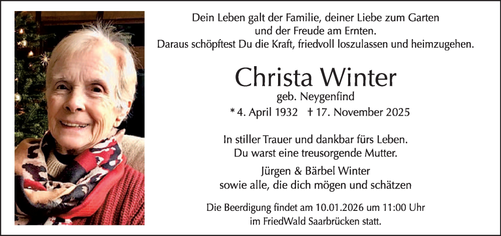  Traueranzeige für Christa Winter vom 27.12.2025 aus saarbruecker_zeitung