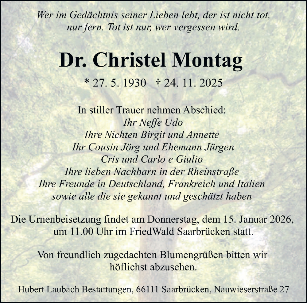  Traueranzeige für Christel Montag vom 13.12.2025 aus saarbruecker_zeitung