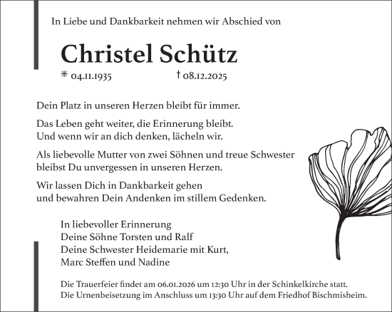 Traueranzeige von Christel Schütz von saarbruecker_zeitung