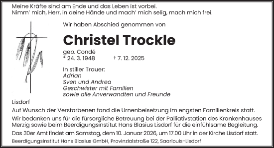 Traueranzeige von Christel Trockle von saarbruecker_zeitung