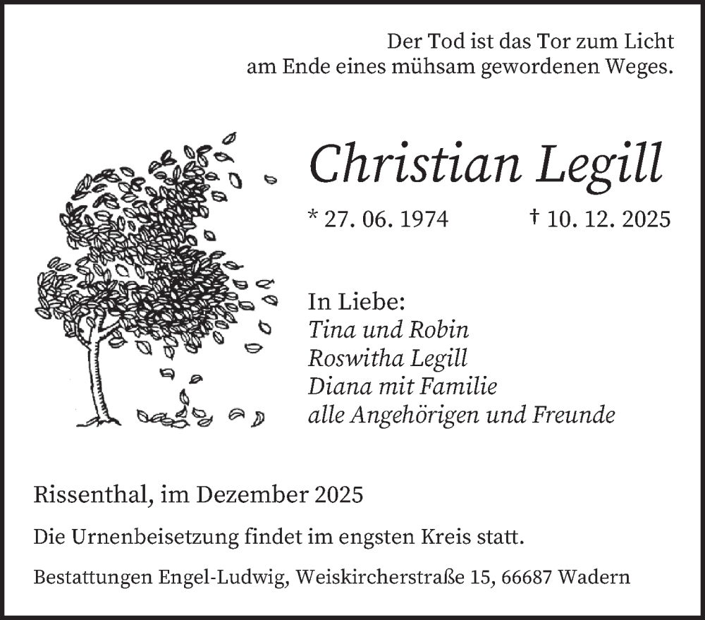  Traueranzeige für Christian Legill vom 20.12.2025 aus saarbruecker_zeitung