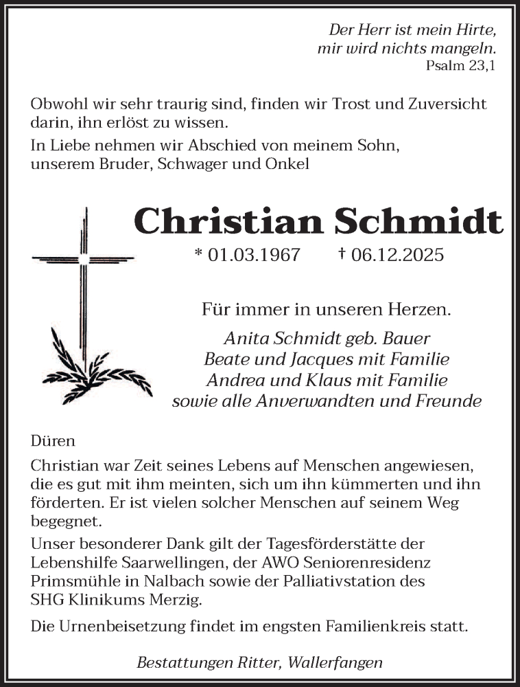  Traueranzeige für Christian Schmidt vom 13.12.2025 aus saarbruecker_zeitung
