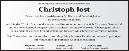 Traueranzeige von Christoph Jost von saarbruecker_zeitung