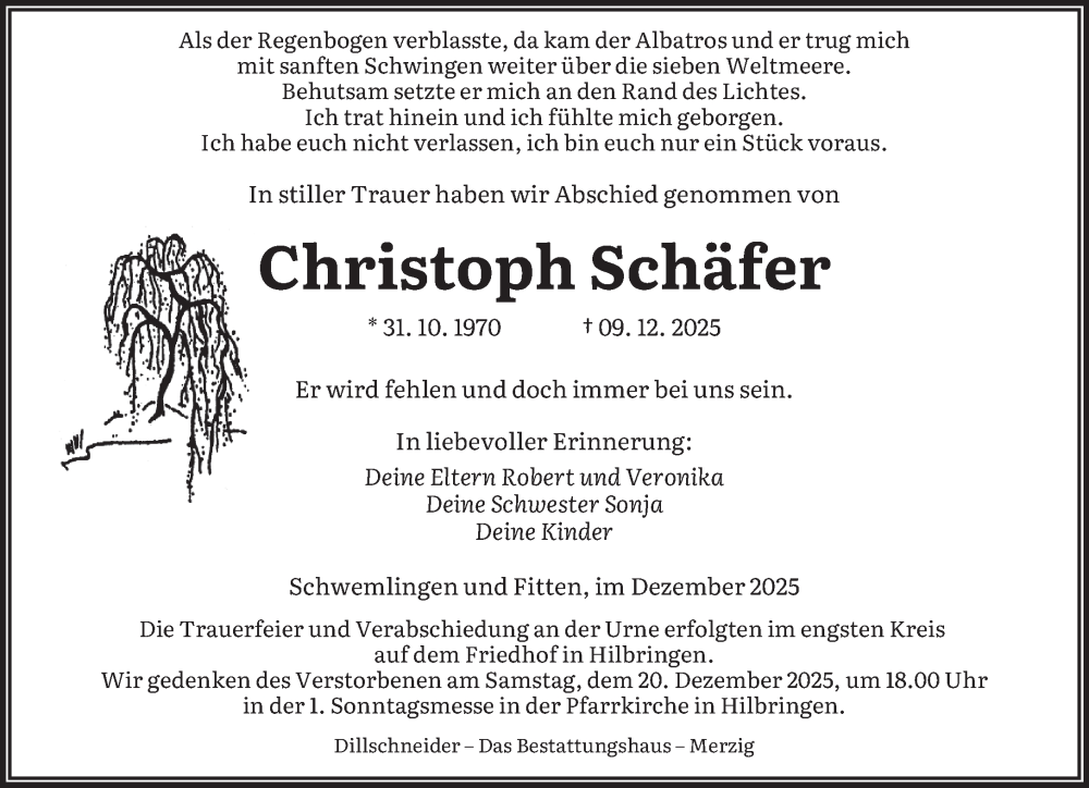  Traueranzeige für Christoph Schäfer vom 19.12.2025 aus saarbruecker_zeitung