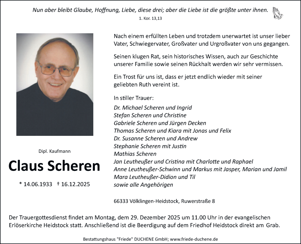  Traueranzeige für Claus Scheren vom 20.12.2025 aus saarbruecker_zeitung