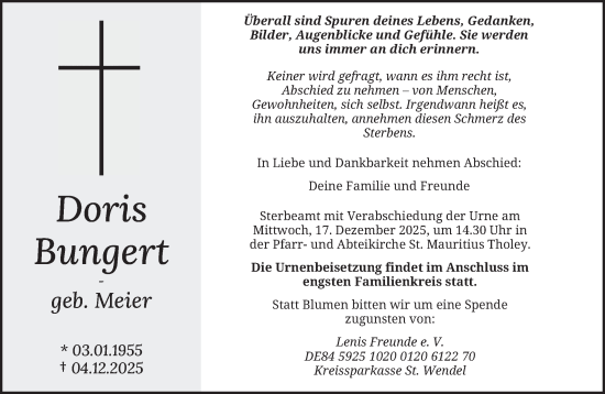 Traueranzeige von Doris Bungert von saarbruecker_zeitung