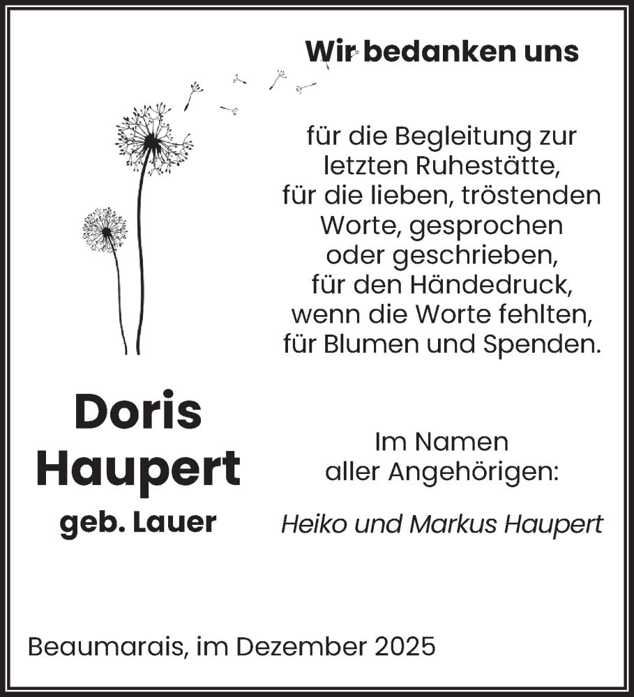  Traueranzeige für Doris Haupert vom 13.12.2025 aus saarbruecker_zeitung