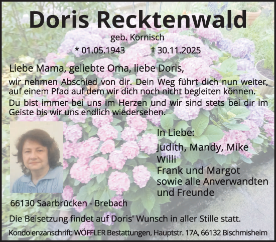 Traueranzeige von Doris Recktenwald von saarbruecker_zeitung