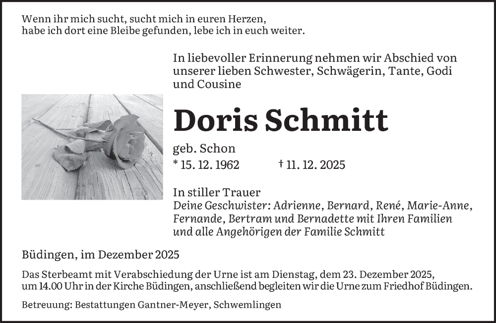  Traueranzeige für Doris Schmitt vom 13.12.2025 aus saarbruecker_zeitung