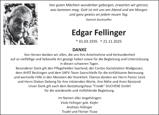 Traueranzeige von Edgar Fellinger von saarbruecker_zeitung