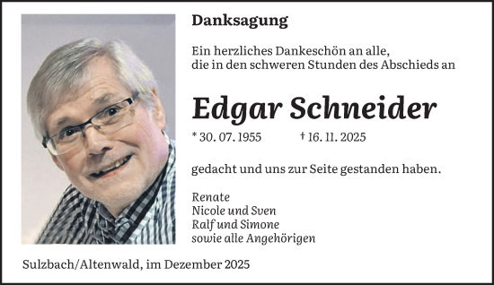 Traueranzeige von Edgar Schneider von saarbruecker_zeitung
