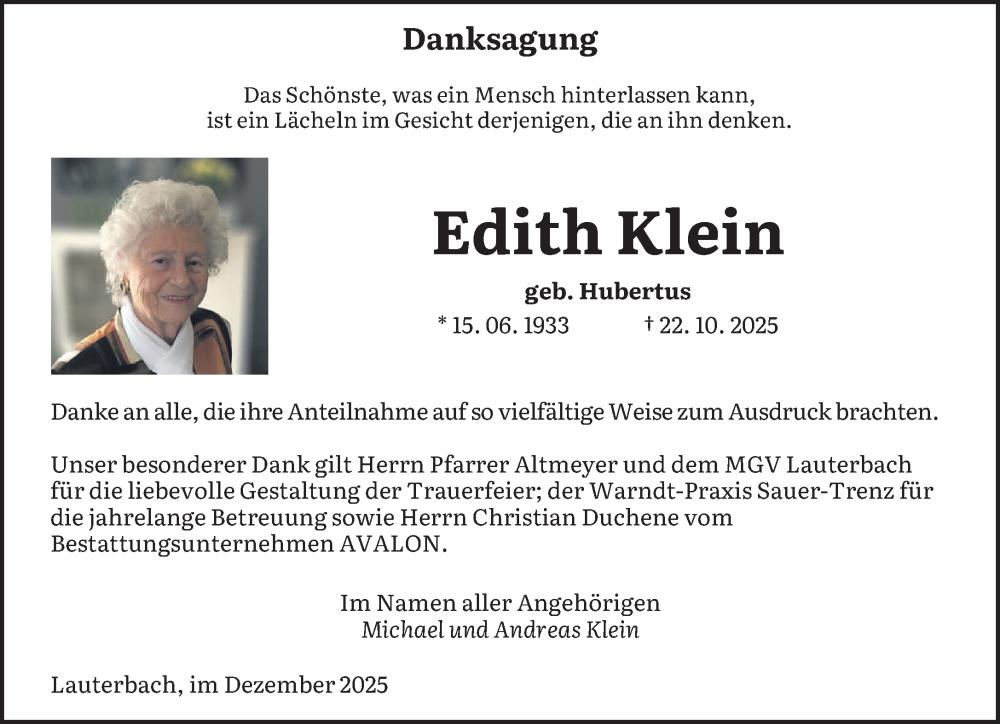  Traueranzeige für Edith Klein vom 20.12.2025 aus saarbruecker_zeitung