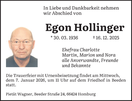Traueranzeige von Egon Hollinger von saarbruecker_zeitung