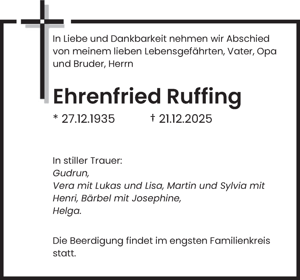  Traueranzeige für Ehrenfried Ruffing vom 24.12.2025 aus saarbruecker_zeitung