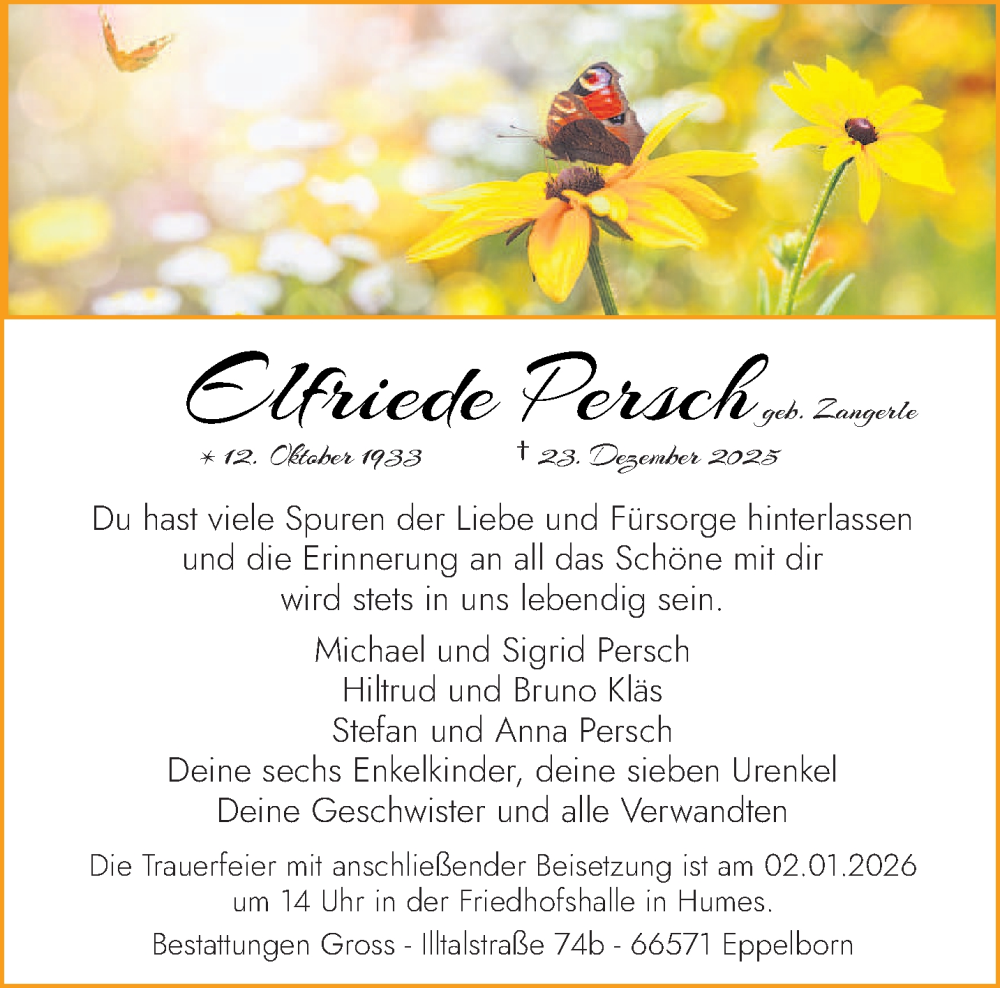  Traueranzeige für Elfriede Persch vom 27.12.2025 aus saarbruecker_zeitung