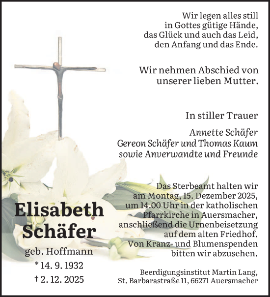 Traueranzeige von Elisabeth Schäfer von saarbruecker_zeitung