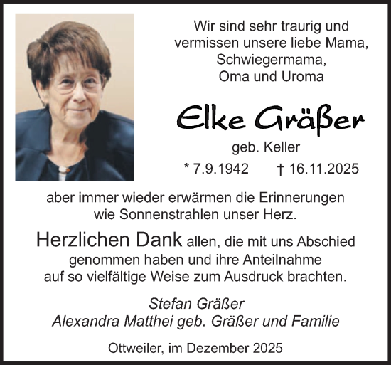 Traueranzeige von Elke Gräßer von saarbruecker_zeitung