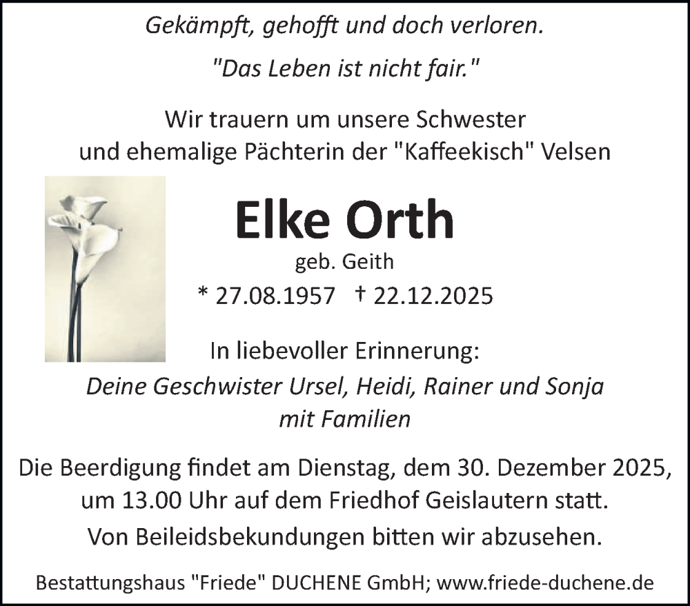  Traueranzeige für Elke Orth vom 27.12.2025 aus saarbruecker_zeitung
