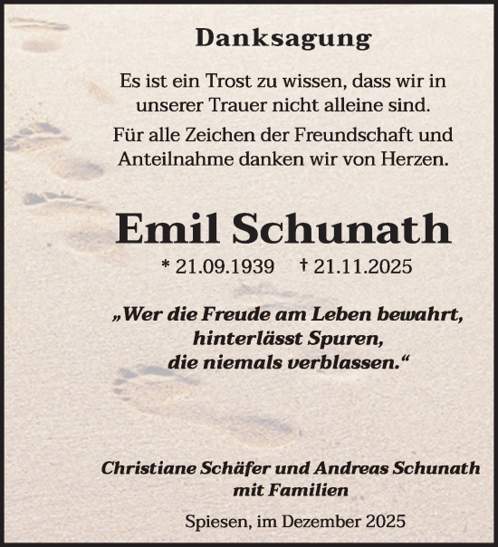Traueranzeige von Emil Schunath von saarbruecker_zeitung