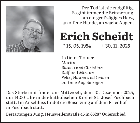 Traueranzeige von Erich Scheidt von saarbruecker_zeitung