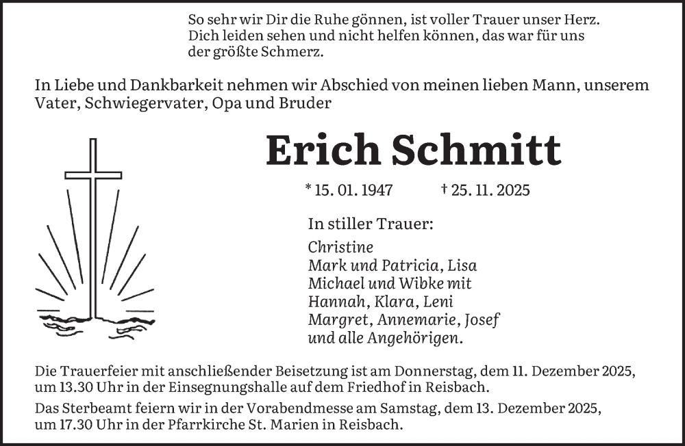  Traueranzeige für Erich Schmitt vom 06.12.2025 aus saarbruecker_zeitung