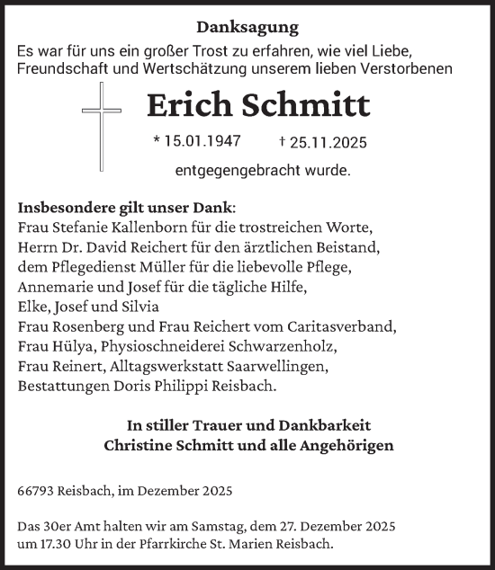 Traueranzeige von Erich Schmitt von saarbruecker_zeitung
