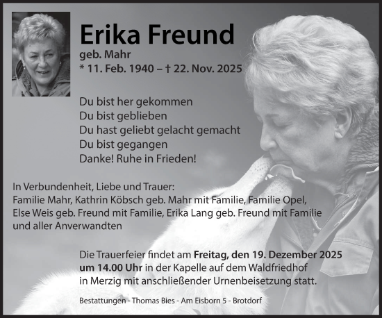 Traueranzeige von Erika Freund von saarbruecker_zeitung