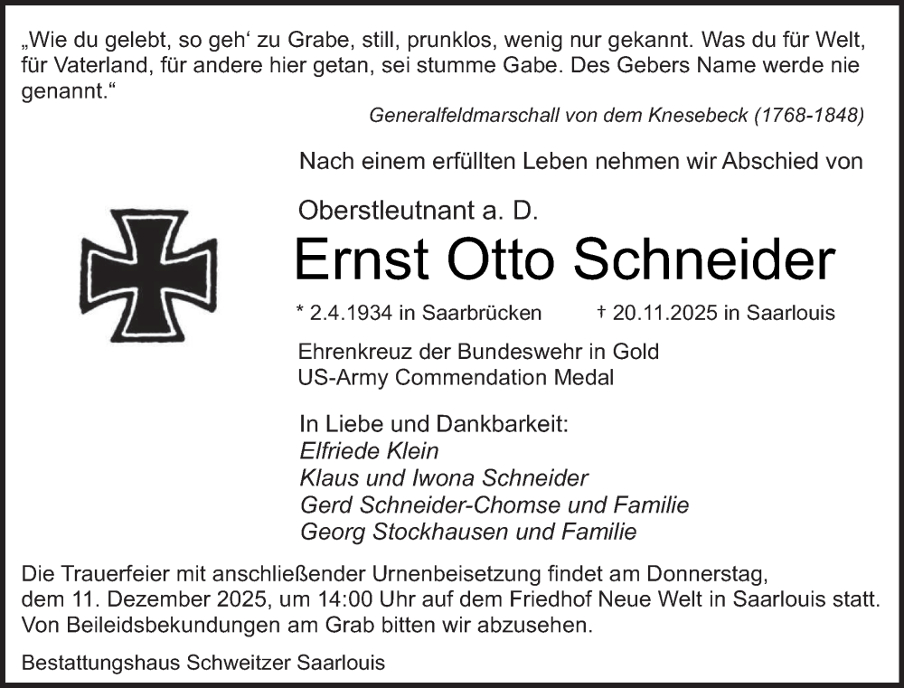  Traueranzeige für Ernst Otto Schneider vom 06.12.2025 aus saarbruecker_zeitung