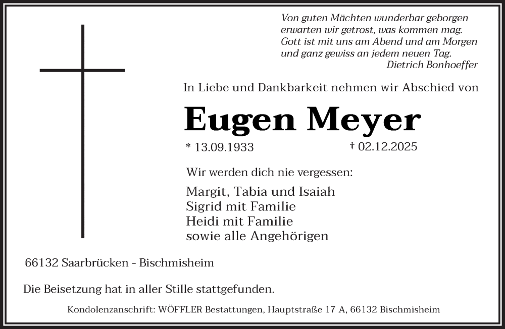  Traueranzeige für Eugen Meyer vom 20.12.2025 aus saarbruecker_zeitung