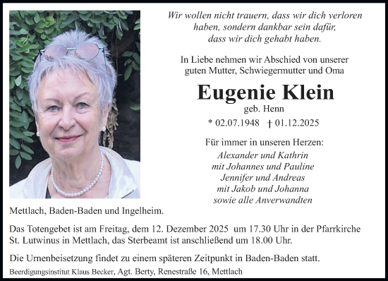 Traueranzeige von Eugenie Klein von saarbruecker_zeitung