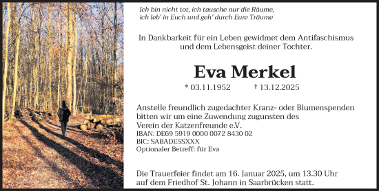 Traueranzeige von Eva Merkel von saarbruecker_zeitung