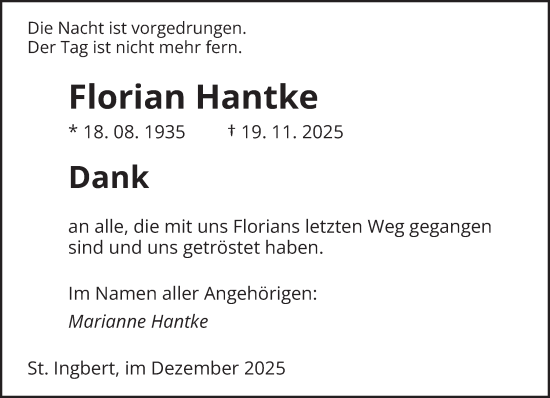 Traueranzeige von Florian Hantke von saarbruecker_zeitung