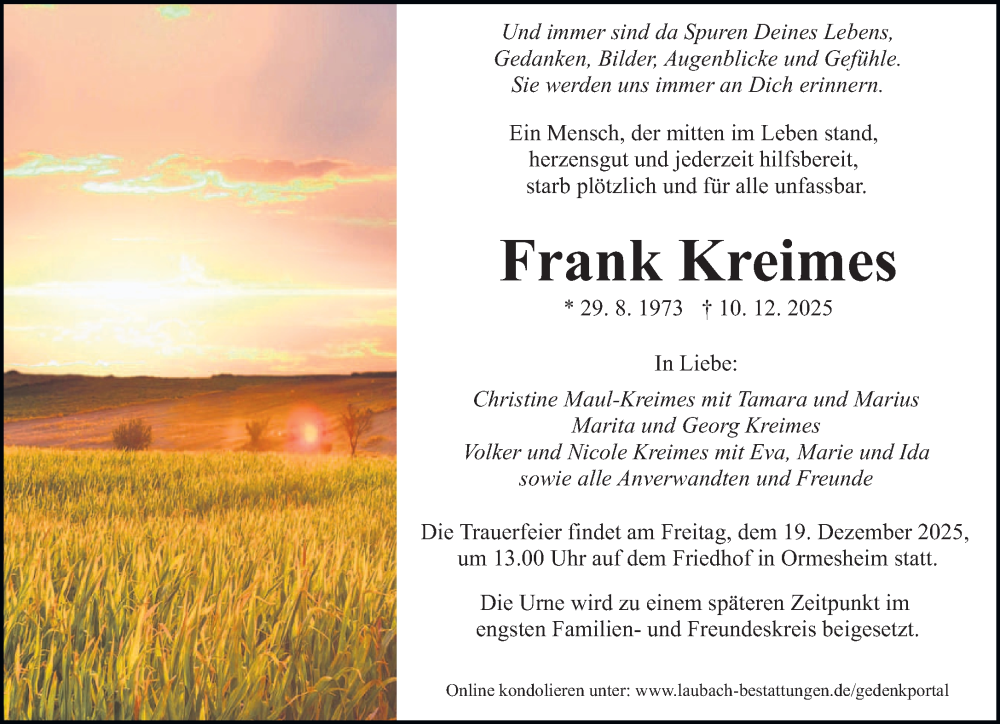  Traueranzeige für Frank Kreimes vom 15.12.2025 aus saarbruecker_zeitung