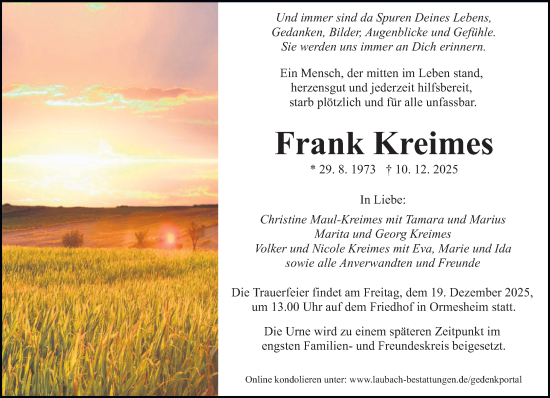 Traueranzeige von Frank Kreimes von saarbruecker_zeitung