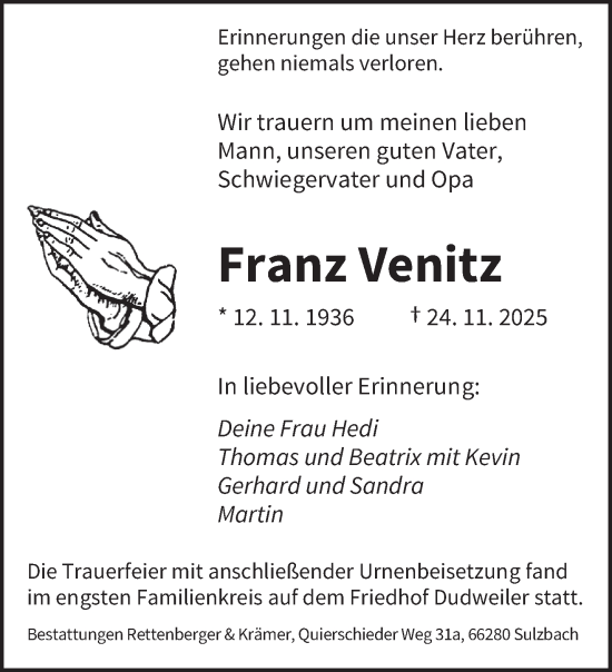 Traueranzeige von Franz Venitz von saarbruecker_zeitung