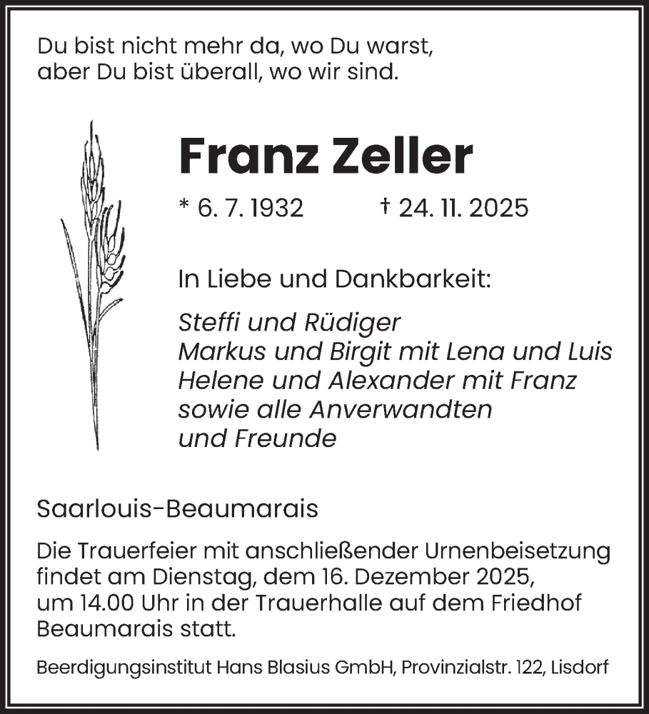  Traueranzeige für Franz Zeller vom 13.12.2025 aus saarbruecker_zeitung