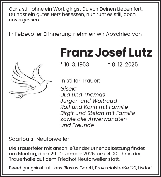 Traueranzeige von Franz Josef Lutz von saarbruecker_zeitung