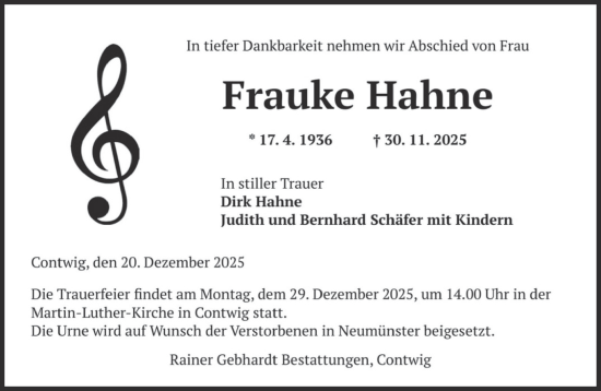 Traueranzeige von Frauke Hahne von saarbruecker_zeitung