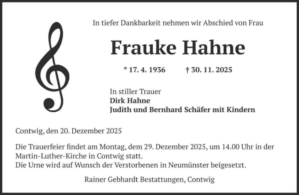  Traueranzeige für Frauke Hahne vom 20.12.2025 aus saarbruecker_zeitung