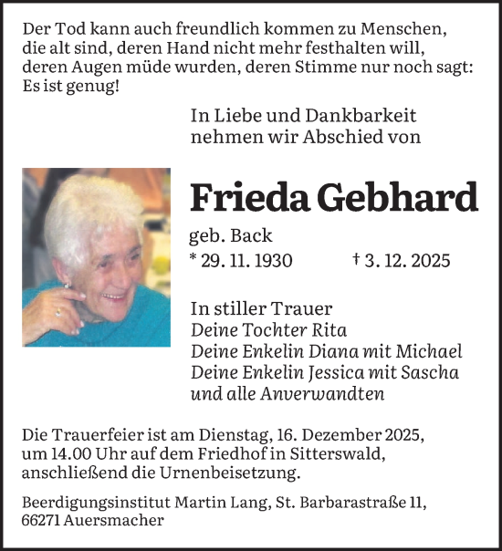 Traueranzeige von Frieda Gebhard von saarbruecker_zeitung
